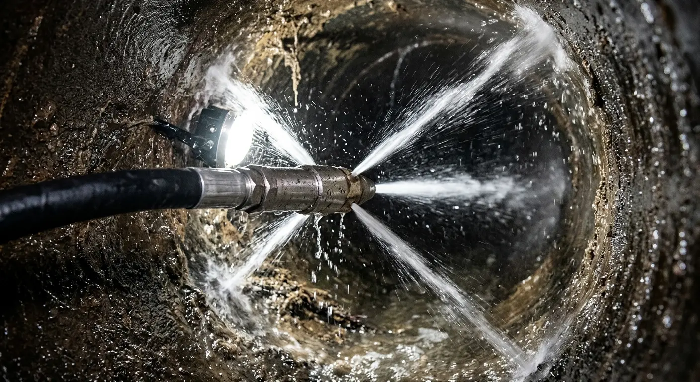 High-pressure hydro jetting nozzle cleaning sewer pipe for Sewer Cleanout in Campbell