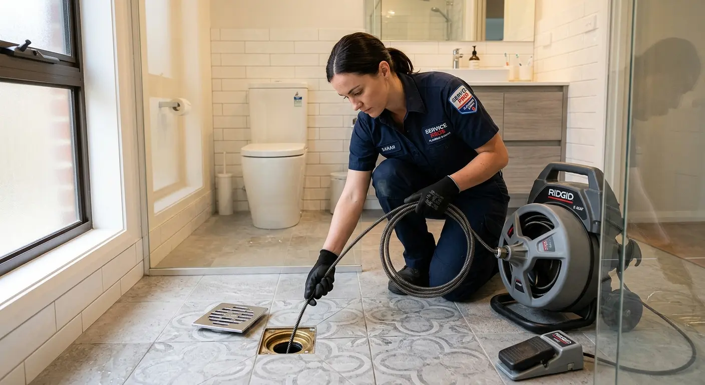 Technician clearing a bathroom floor drain for Sewer Line Replacement in Campbell